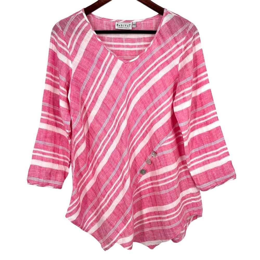 Habitat Sz Small 100% LINEN Pink White 3/4 Sleeve Beach Tropical Shirt Top Artsy